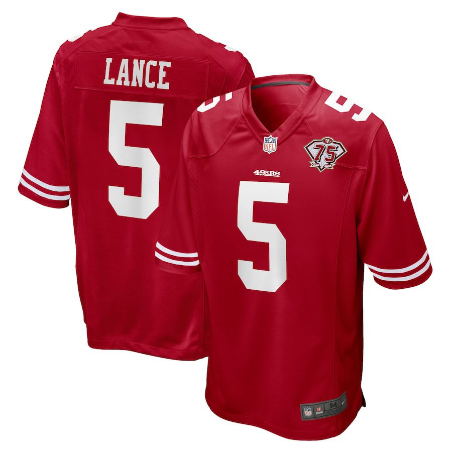 Cheap Men San Francisco 49ers 5 Trey Lance Nike Scarlet 75th Anniversary Player Game NFL Jersey
